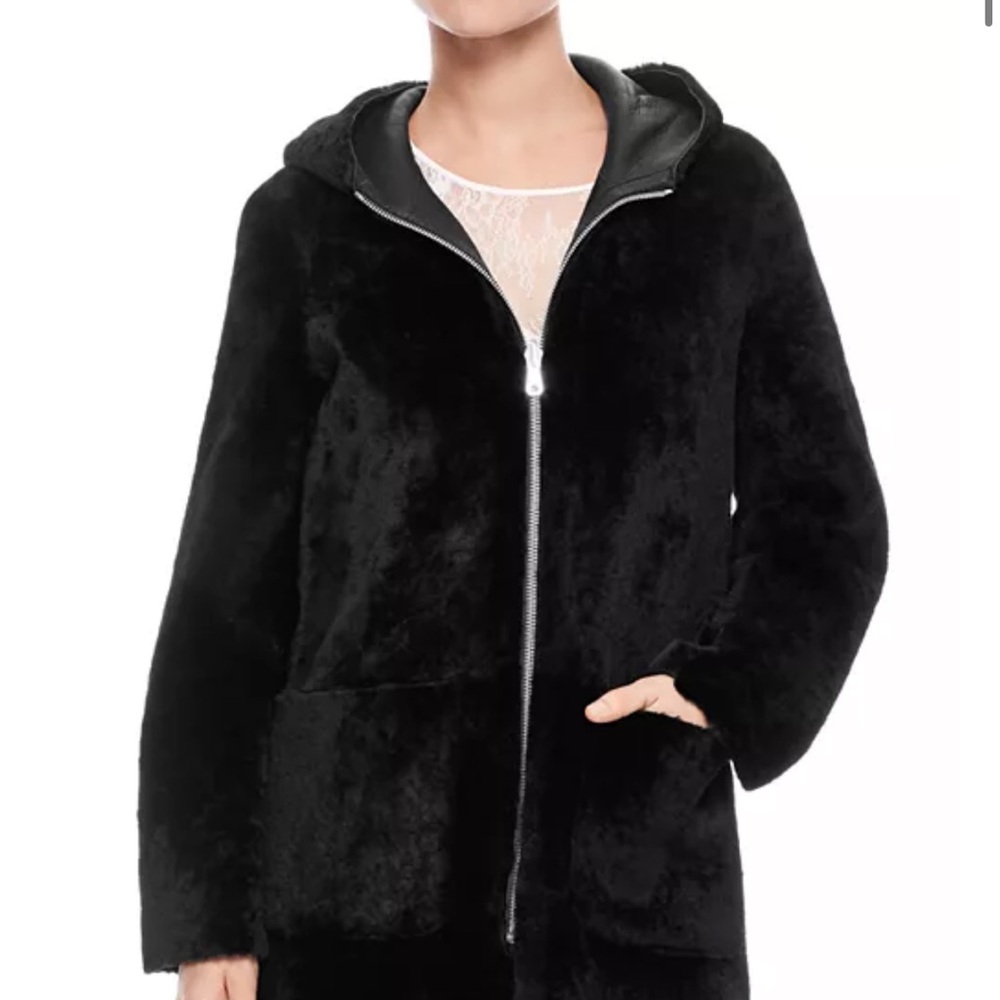 Sandro Reversible Hooded Leather Shearling Coat Size 2